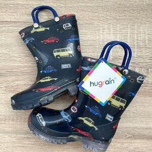 BRAND NEW Rain Boots Little Boy Light Up Car size 7 - Navy Blue with car design